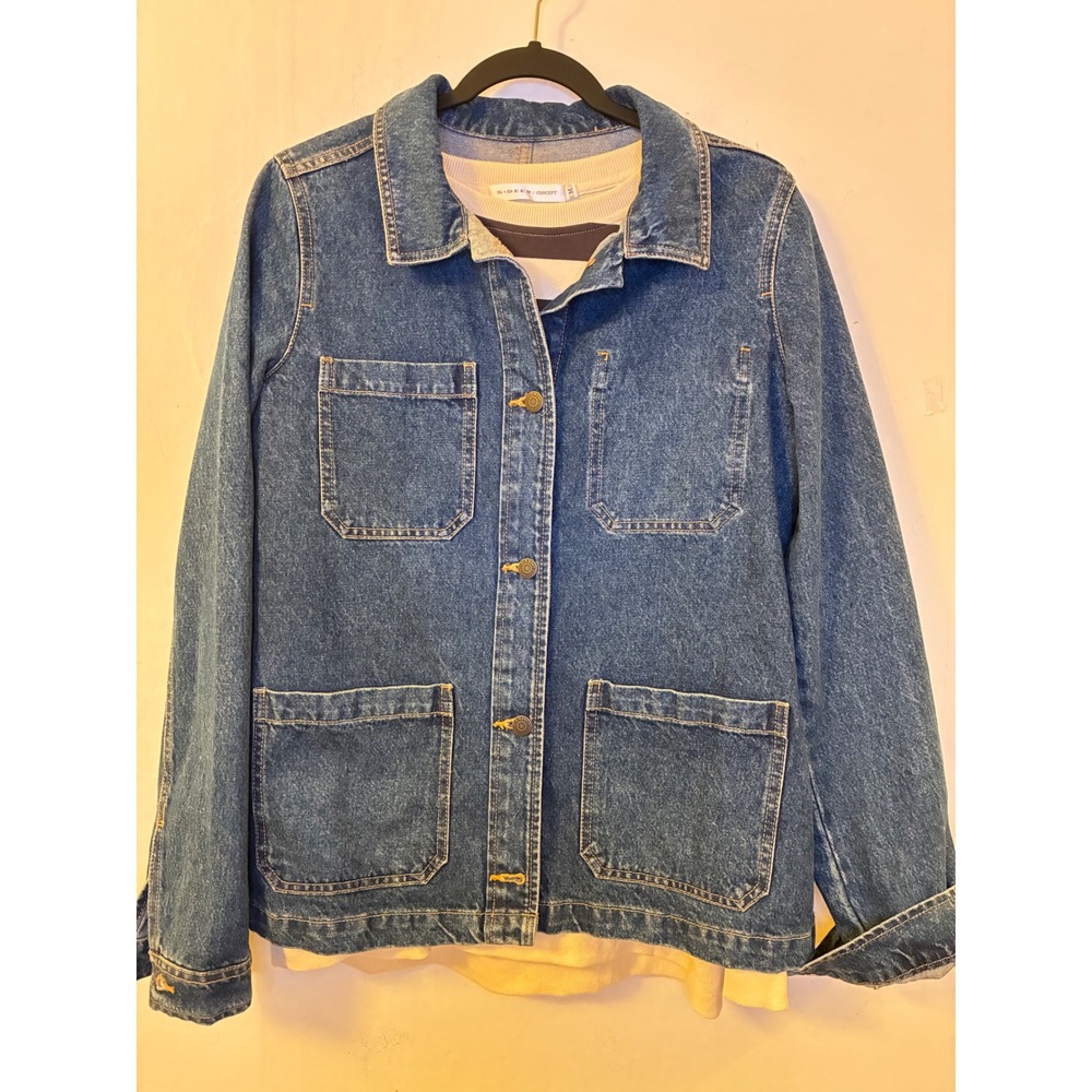 Old Navy Womens Medium Tall Denim Chore Jacket Blue Utility Barn Coat Wash